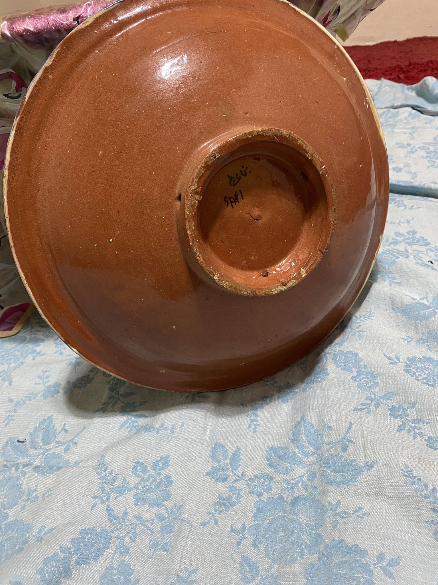 Moroccan dish in handcrafted sculpted ceramic, blue geometric patterns and