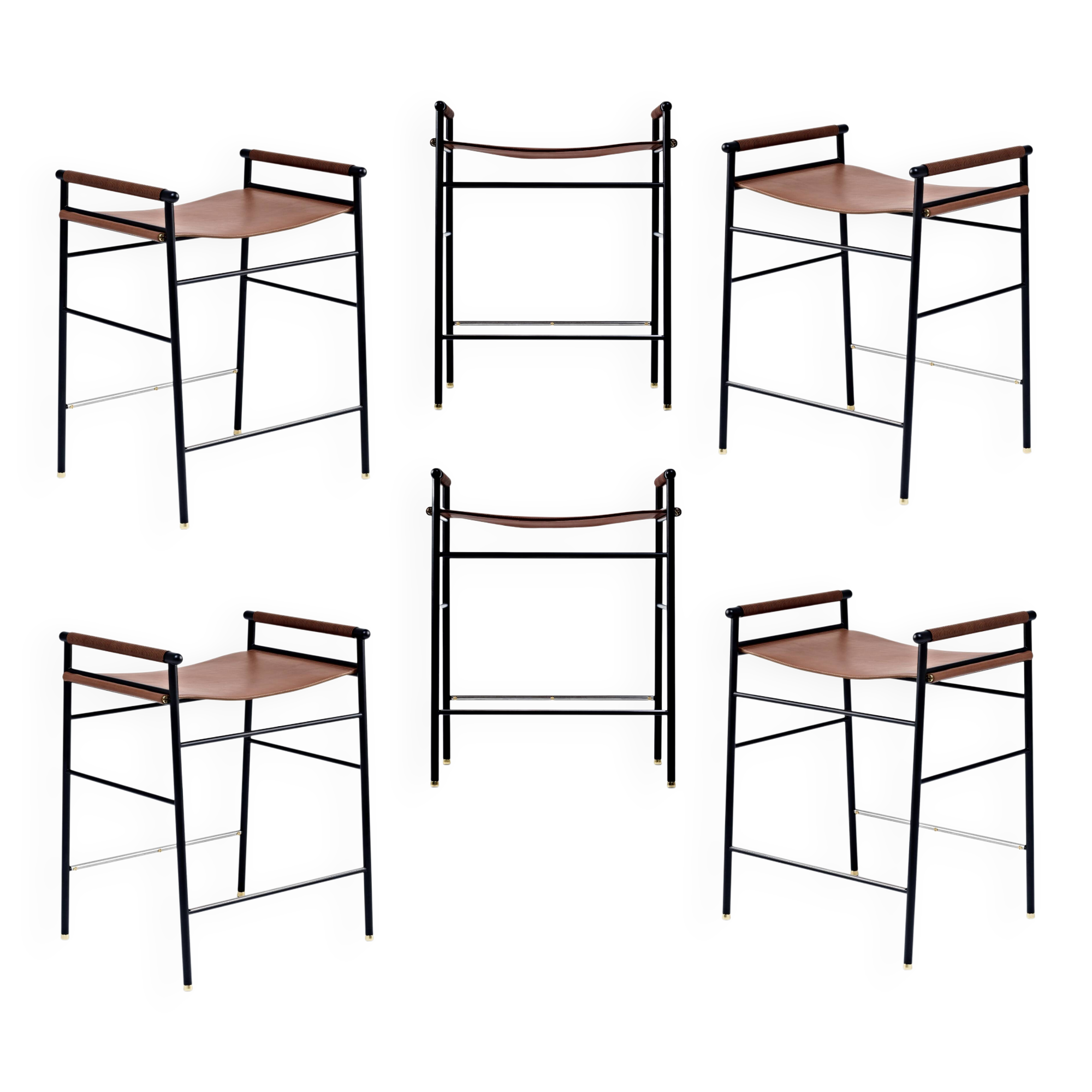 Set of 6 contemporary brown saddle bar stools.