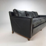Mid century black leather scandinavian 3 seats sofa, 1950