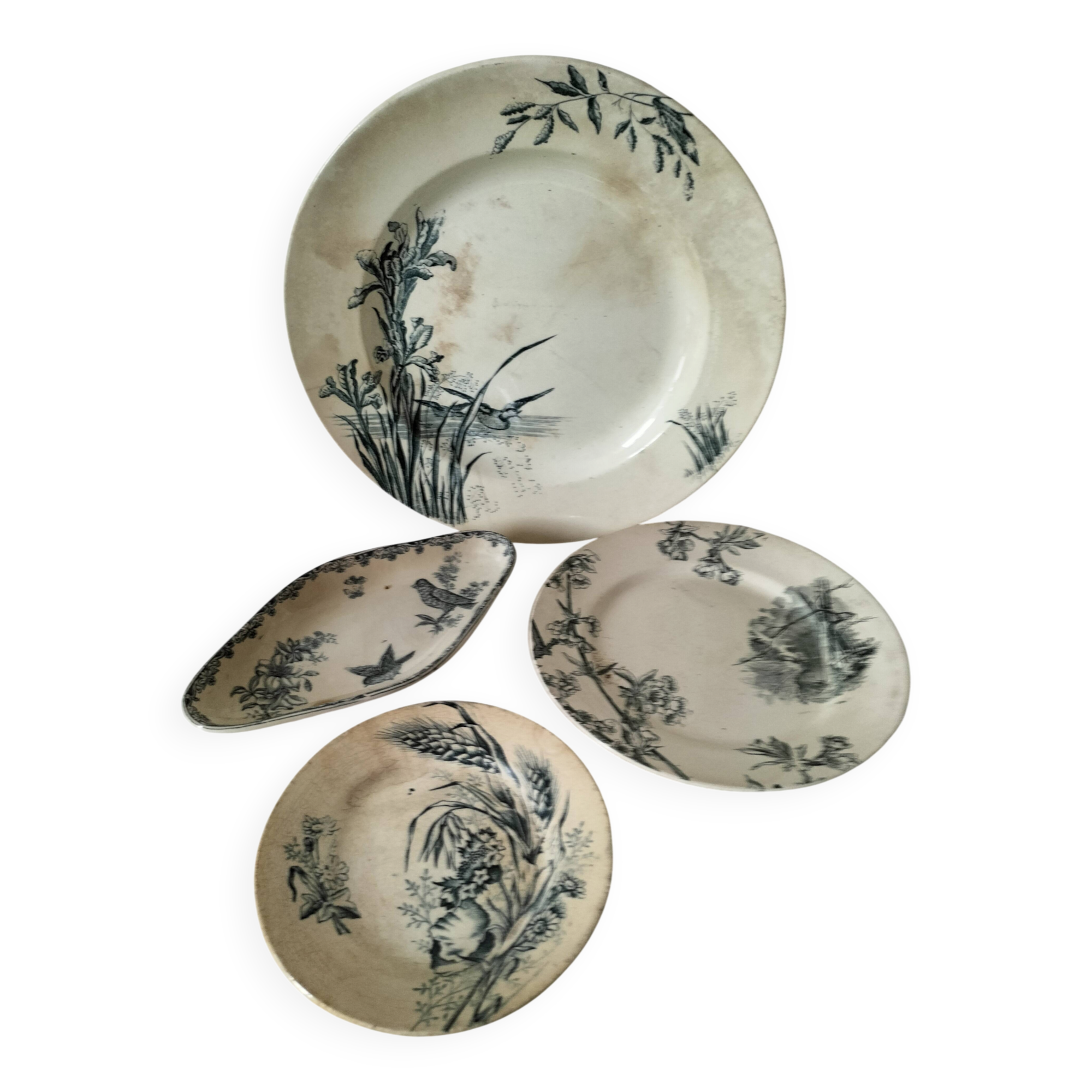 Ensemble 4 terres de fer anciennes – décors naturalistes – vers 1890-1910