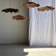 Very large wavy flat leaf suspension in teak with flower stripes D:60