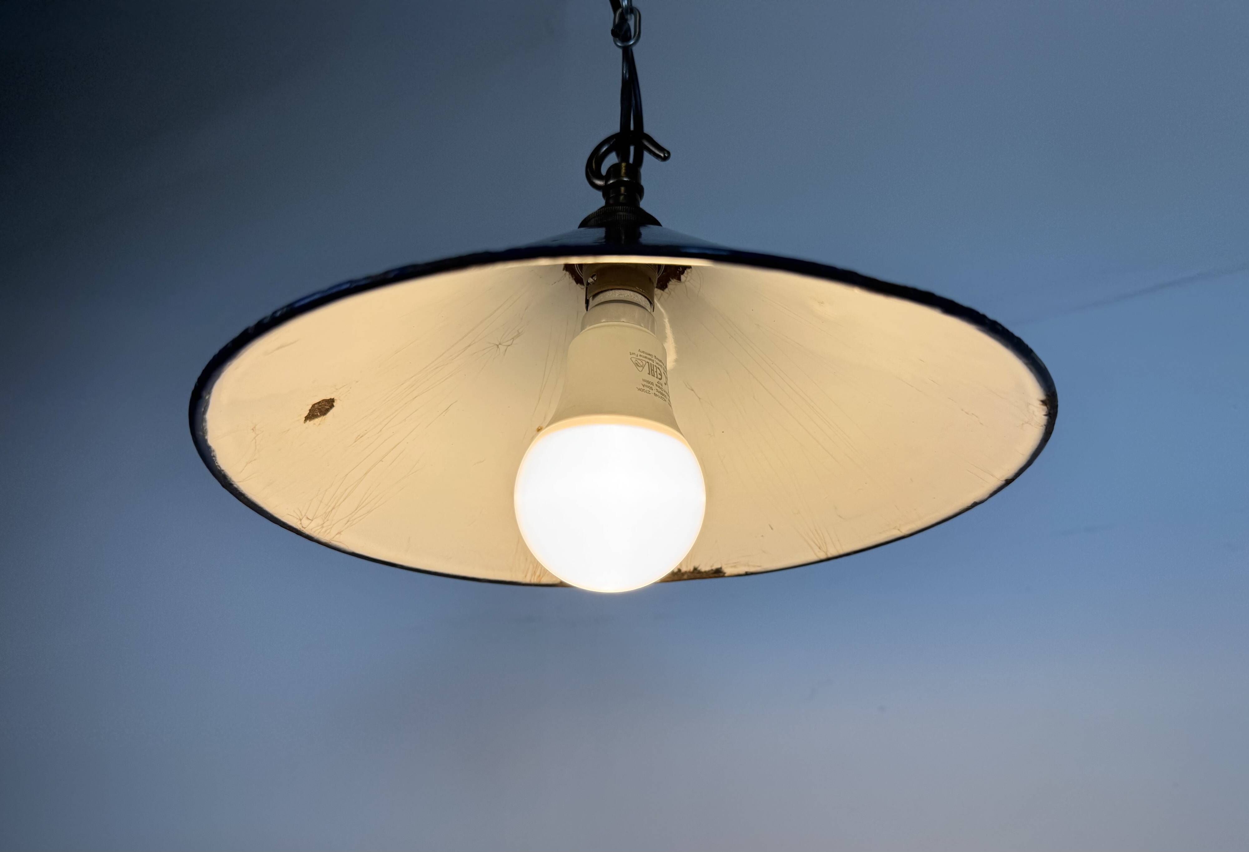 Industrial British Dark Blue Enamel Factory Pendant Lamp, 1950s