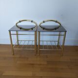 Pair of bedside tables in brass and smoked glass