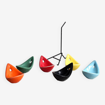 Vintage multi-color enameled ceramic and black lacquered metal avocado service from the 1950s