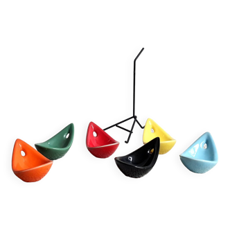 Vintage multi-color enameled ceramic and black lacquered metal avocado service from the 1950s