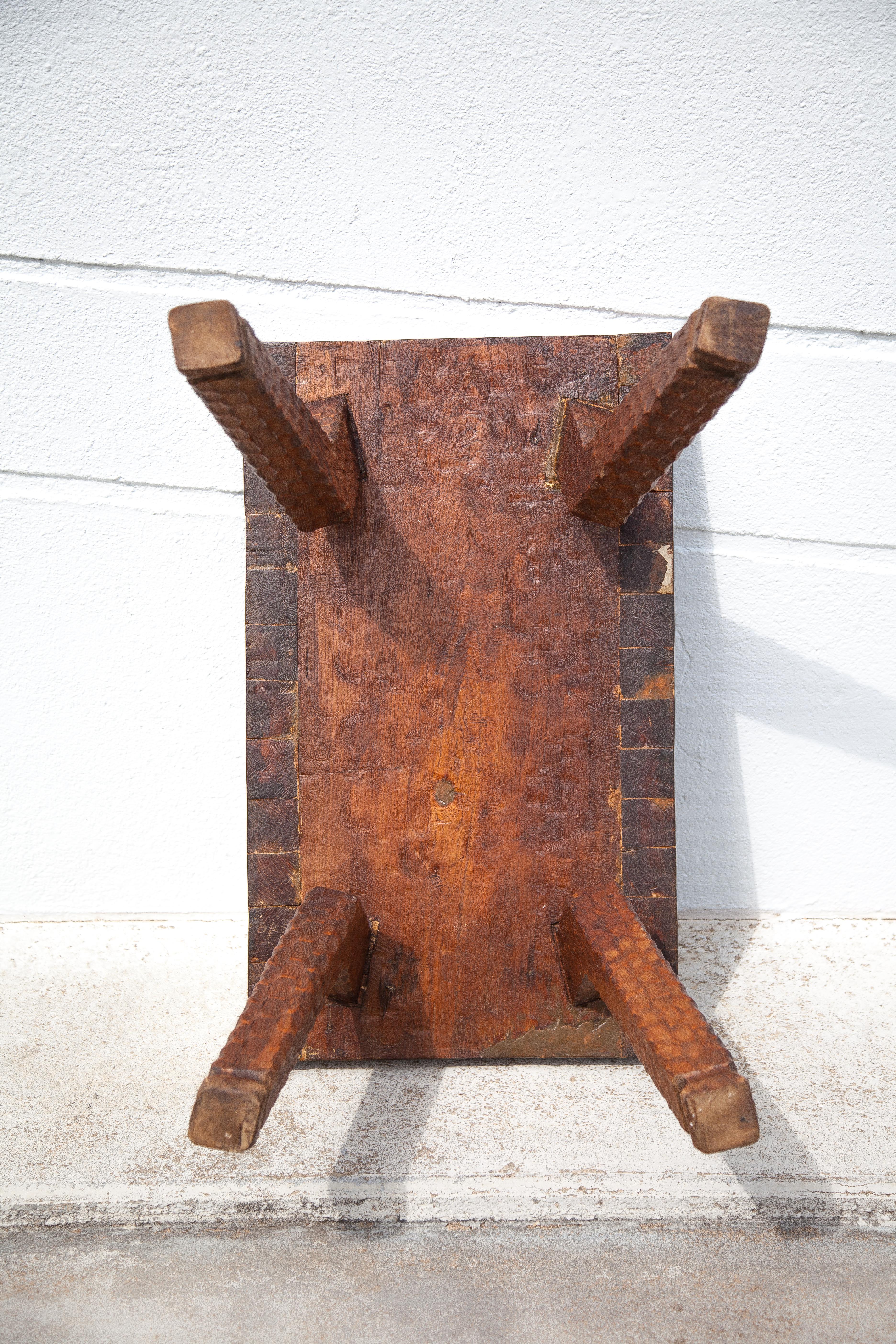 Carved wood coffee table, hammered wood table, side table, living room table, vintage table