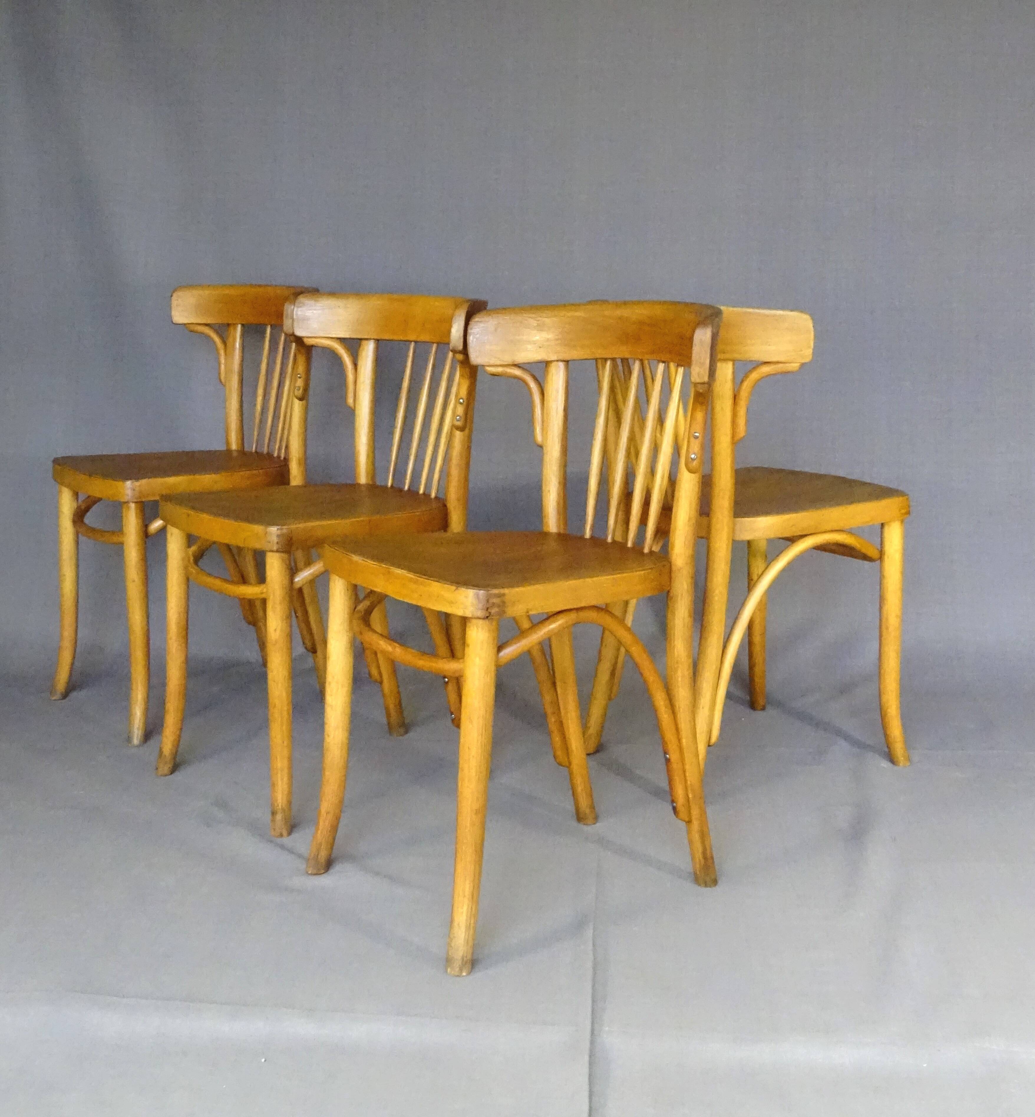 Série de 4 chaises Thonet Art déco bistrot blondes 1930