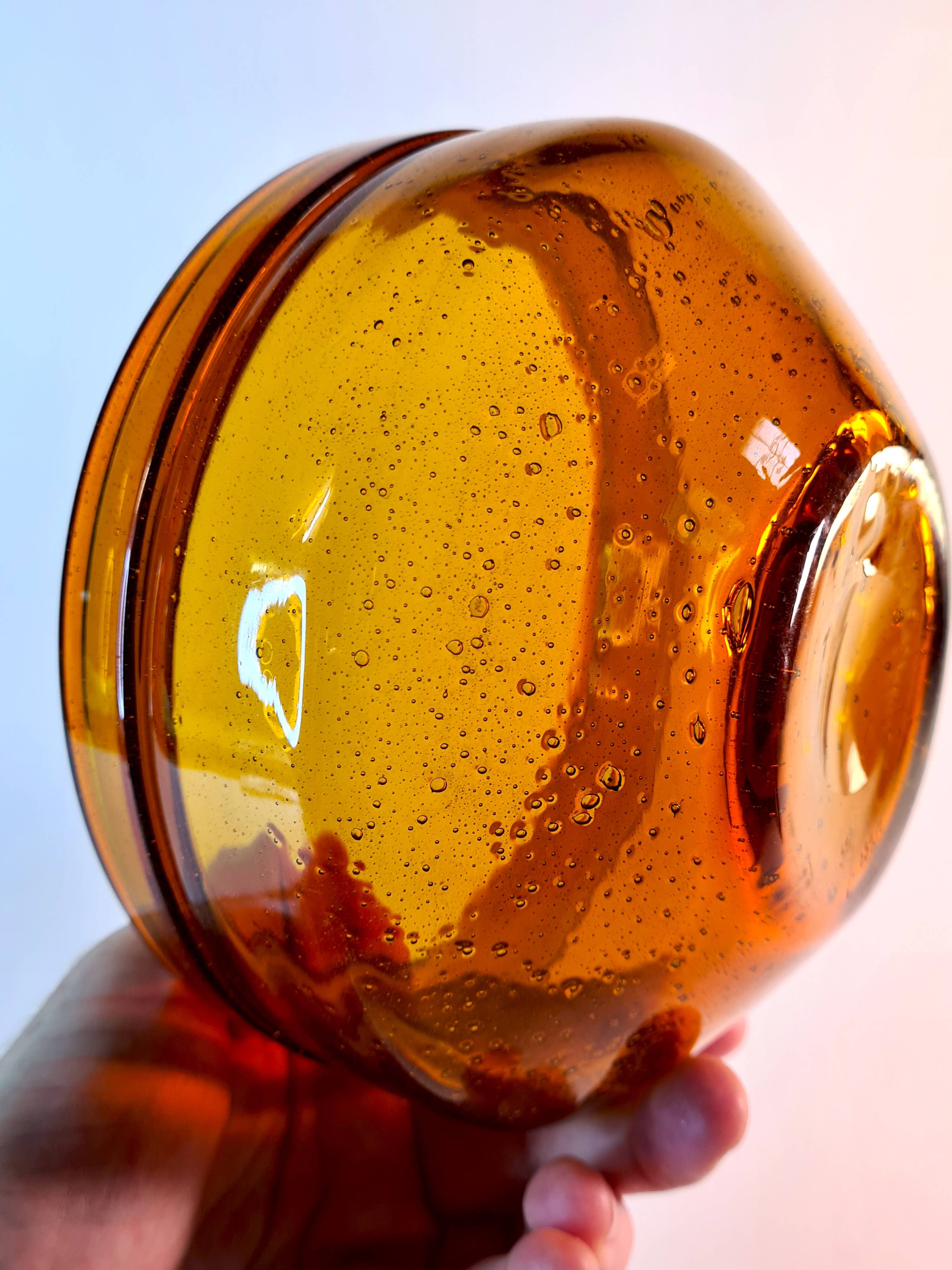 Vintage amber blown glass bowl - decorative bubbles