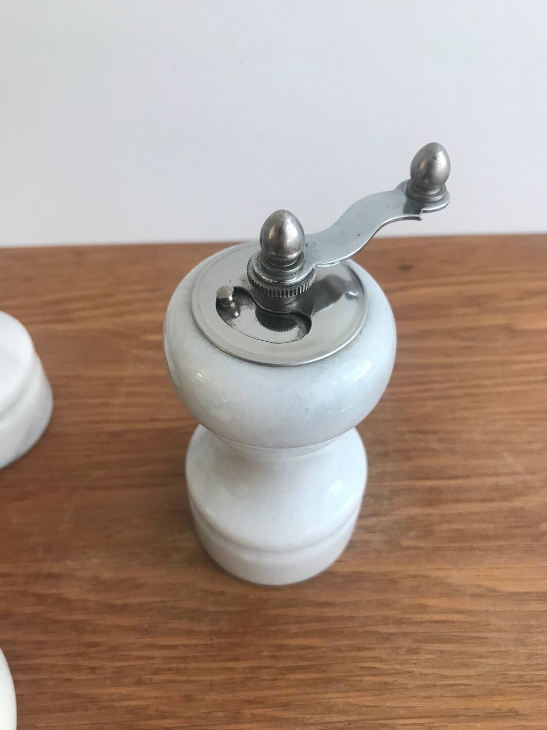 Vintage white marble salt/pepper/mustard shaker set