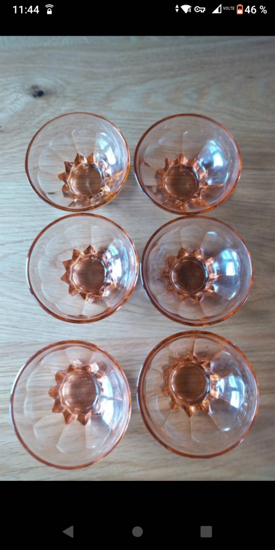 6 small vintage pink glass dessert bowls.