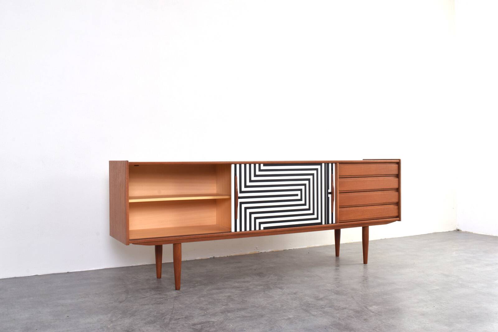 Mid-Century Op-Art Hand-Painted Danish Teak Sideboard, 1960s
