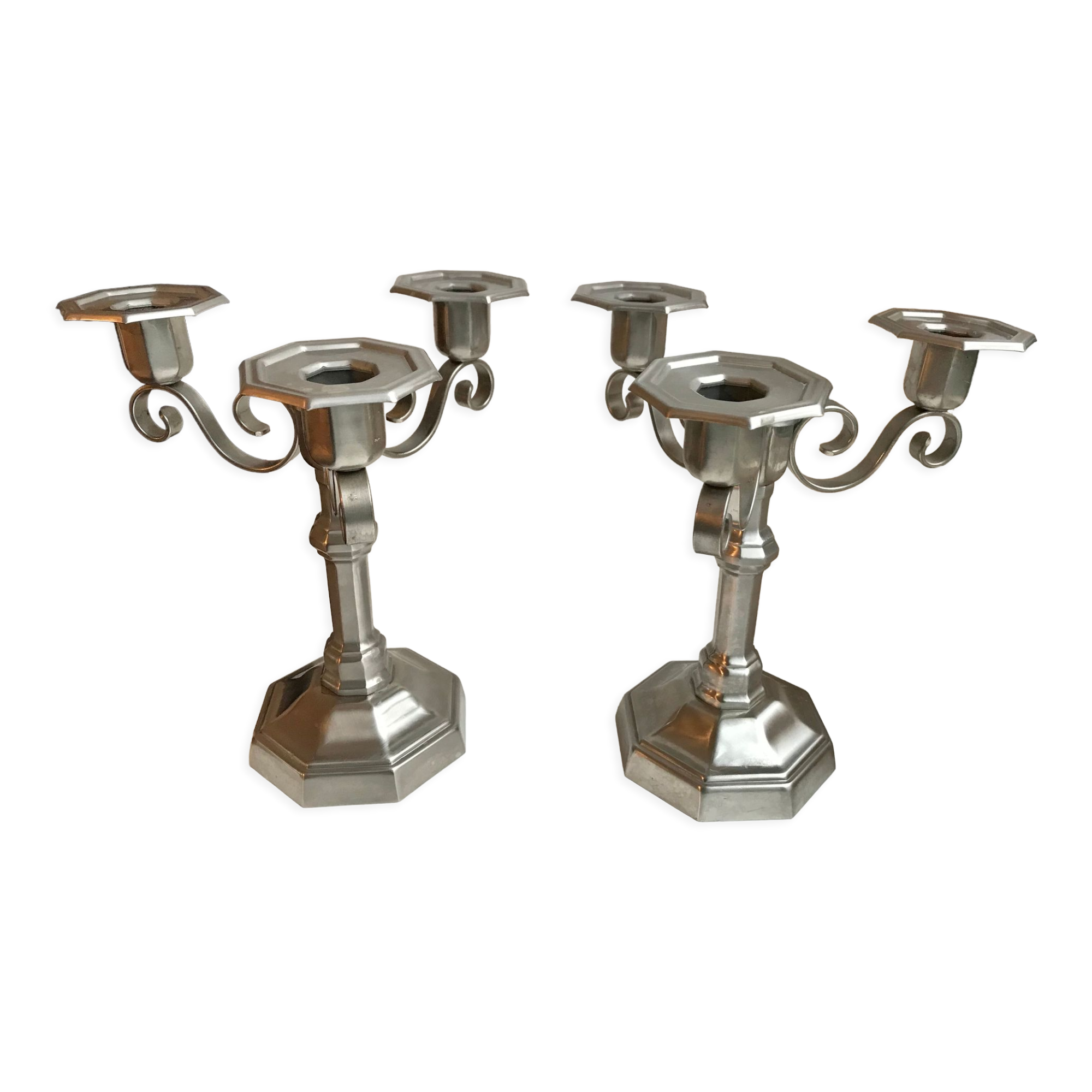 Duo of 3-spoke brass candlesticks art deco 30s