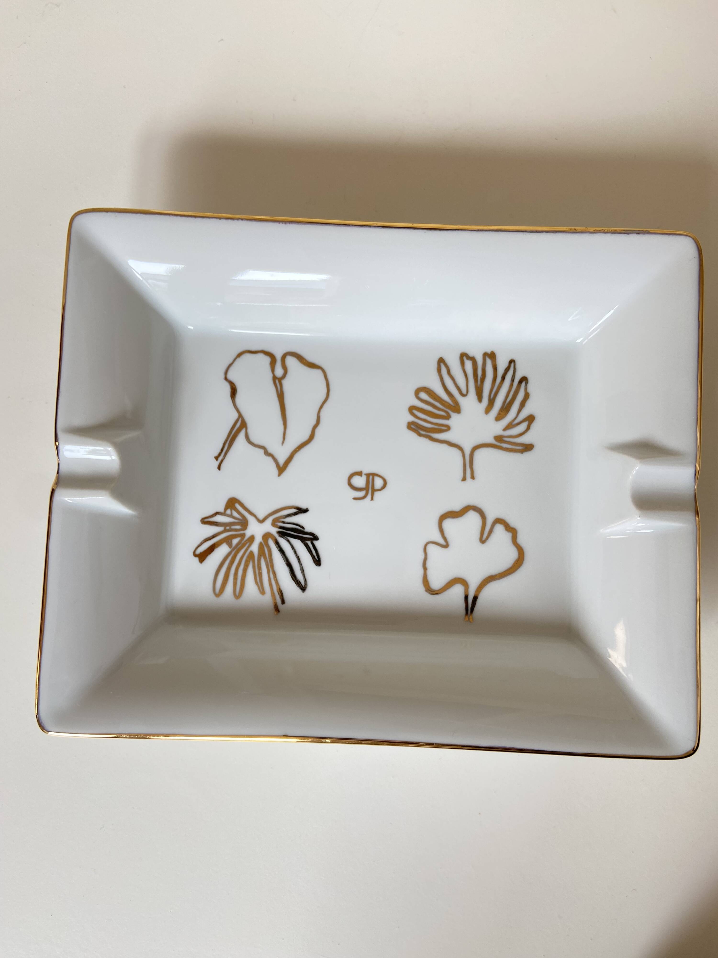 Old rectangular Limoges Porcelain Ashtray: Leaf designs signed GP