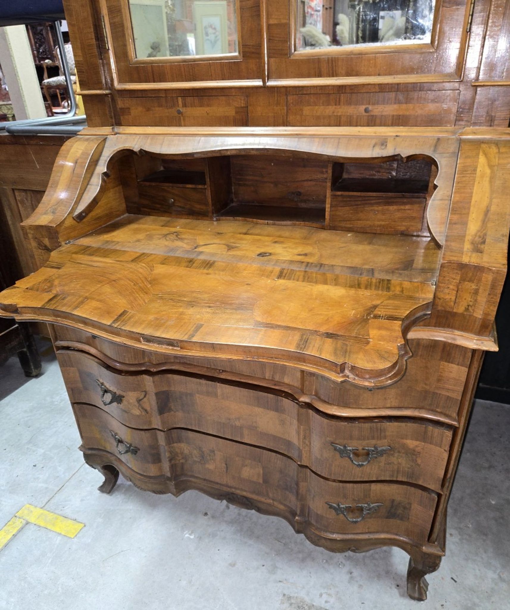 Venetian style Louis XV scriban secretary in marquetry walnut.