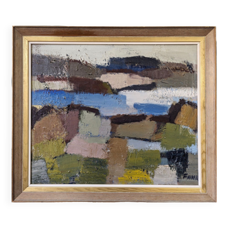 Sentier côtier abstrait moderne du milieu du siècle, peinture à l’huile abstraite suédoise sur les paysages côtiers, encadrée