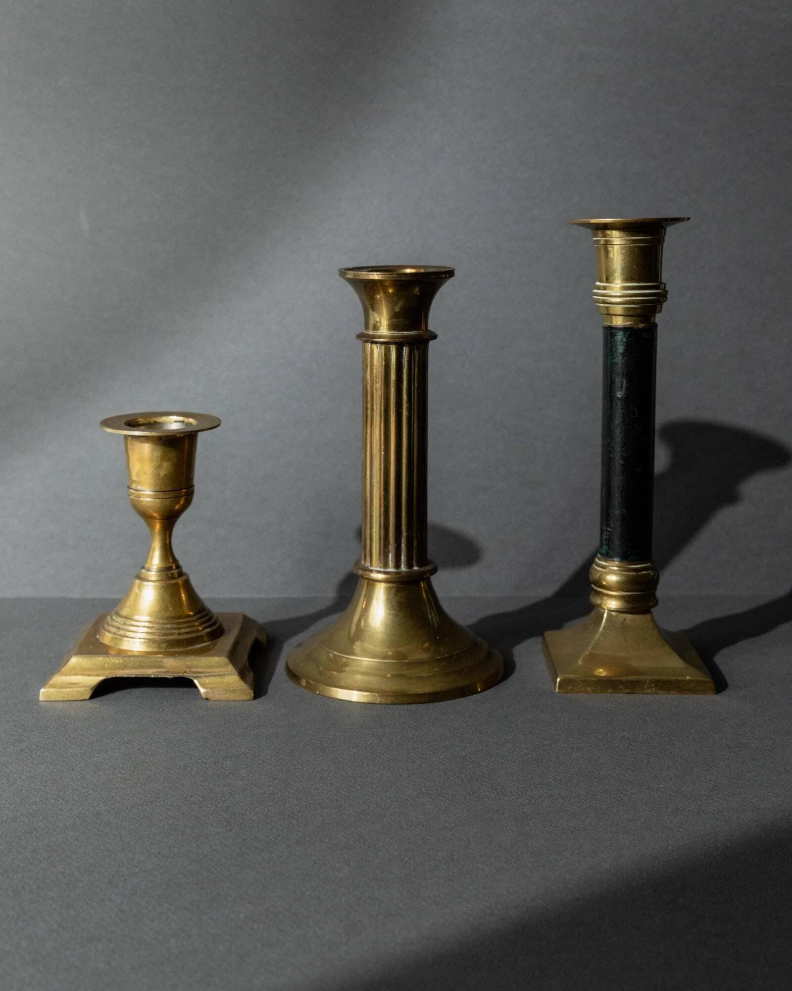 Lot of 3 vintage brass candlesticks from the 1940s, various shapes, classic antique design, retro table decoration, elegant gift idea.