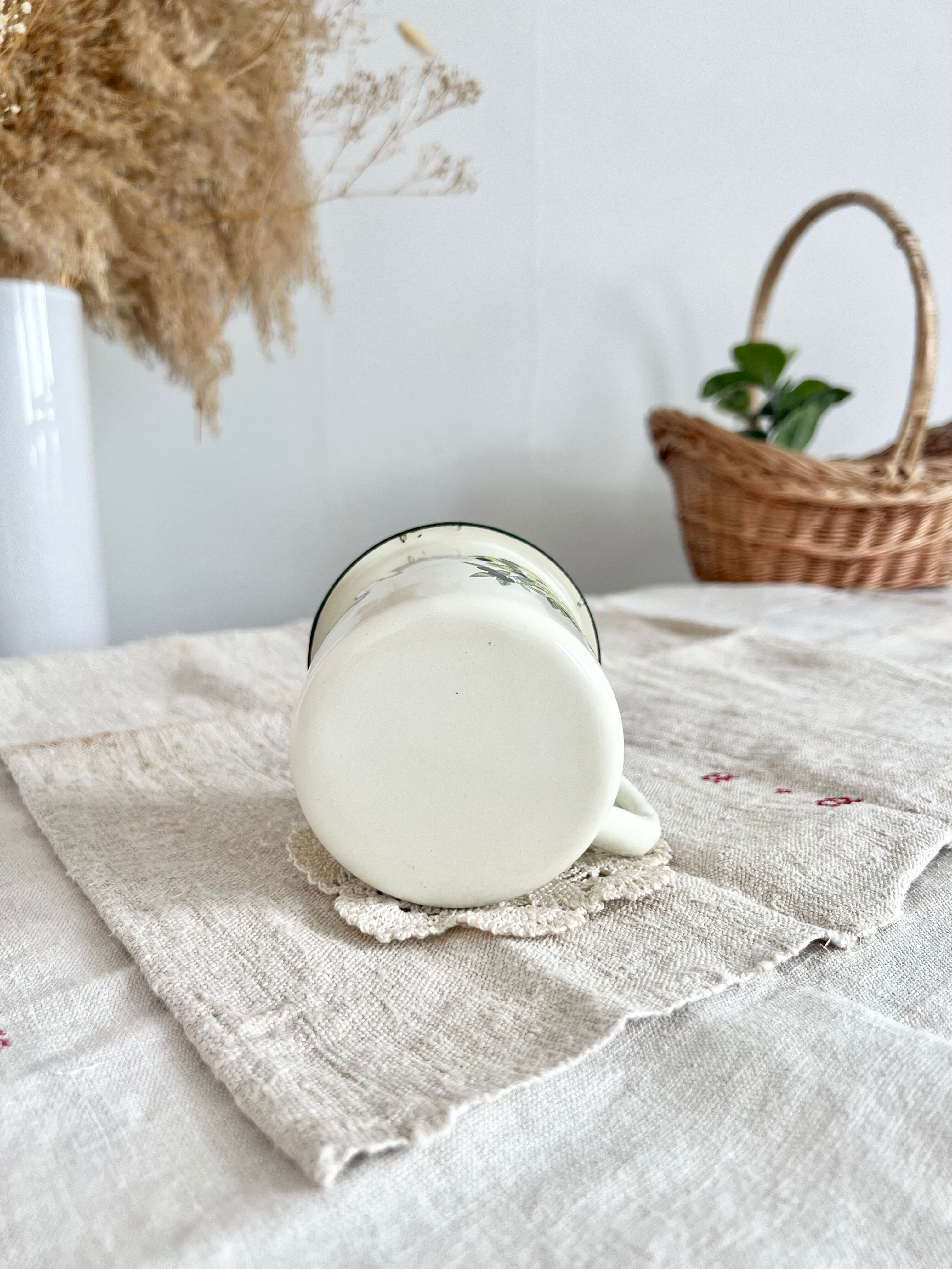 Vintage beige enamelled cup green border olive branch pattern rustic style