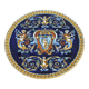 Round Gien renaissance dish with blue background