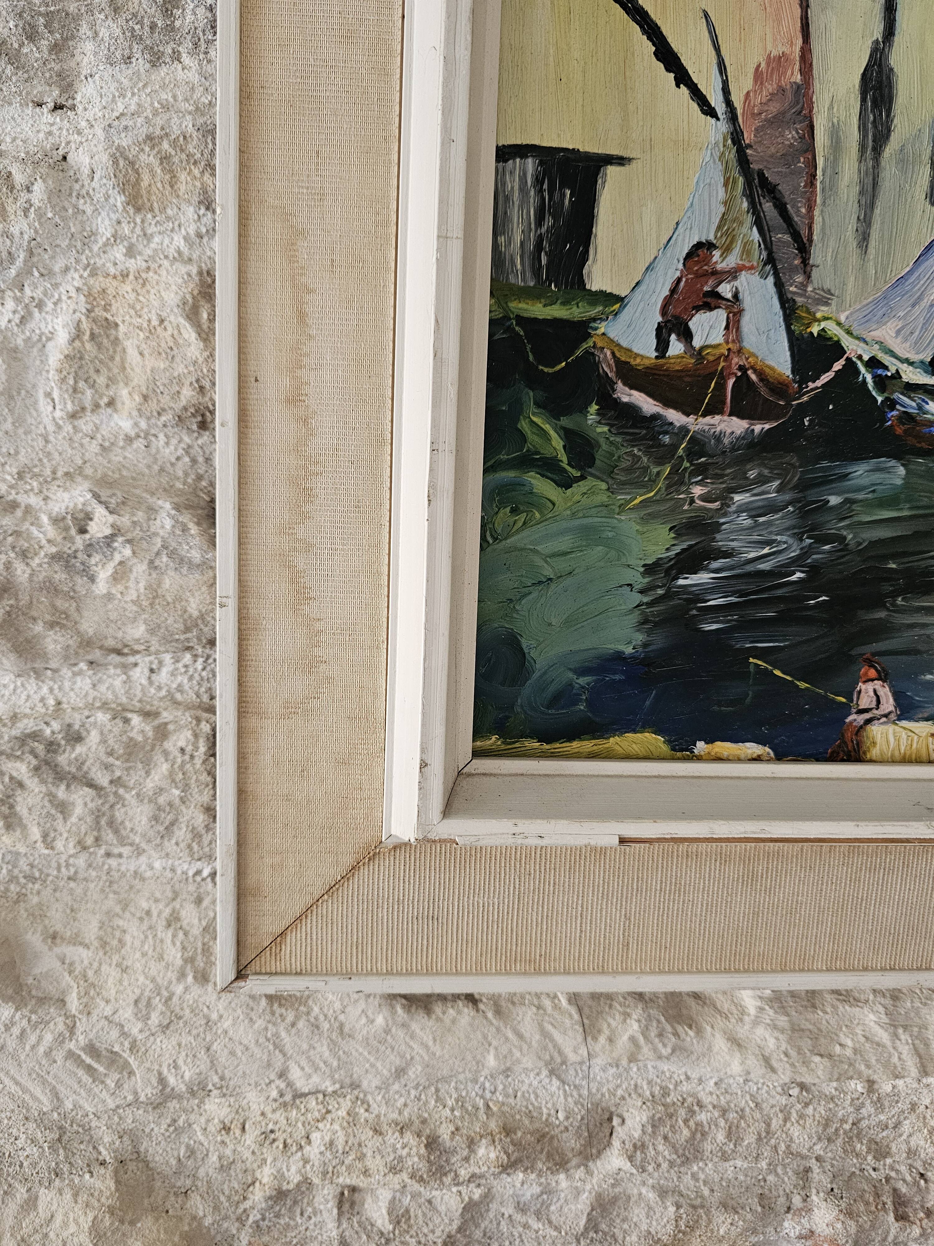 Oil painting on Isorel Marine Port Les Martigues signed (to be identified)