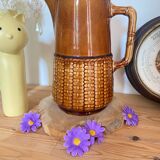 Old vintage ceramic pitcher or jug from Sarreguemines France Brown and pink interior, imitation basket