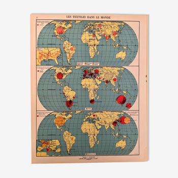 Affiche ancienne carte sur les textiles dans le Monde de 1951