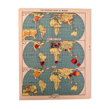 Affiche ancienne carte sur les textiles dans le Monde de 1951