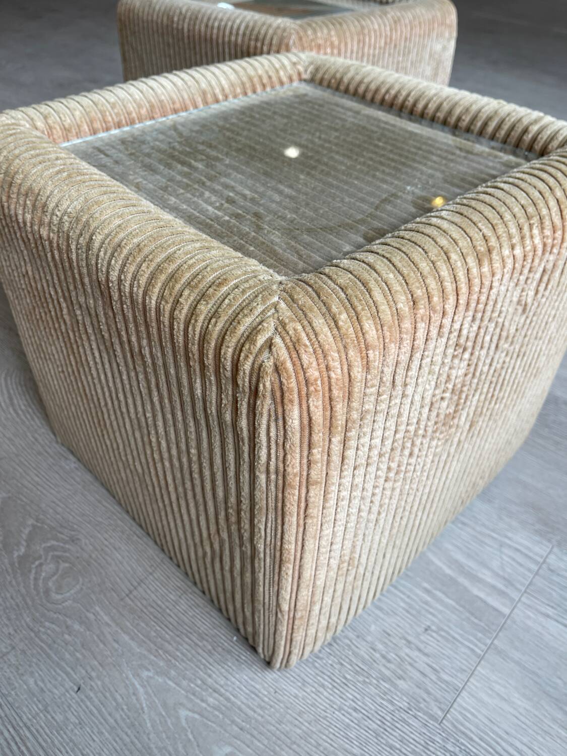 Pair of bedside tables, beige corduroy & glass