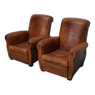 Pair of vintage french cognac leather club chairs, set of 2