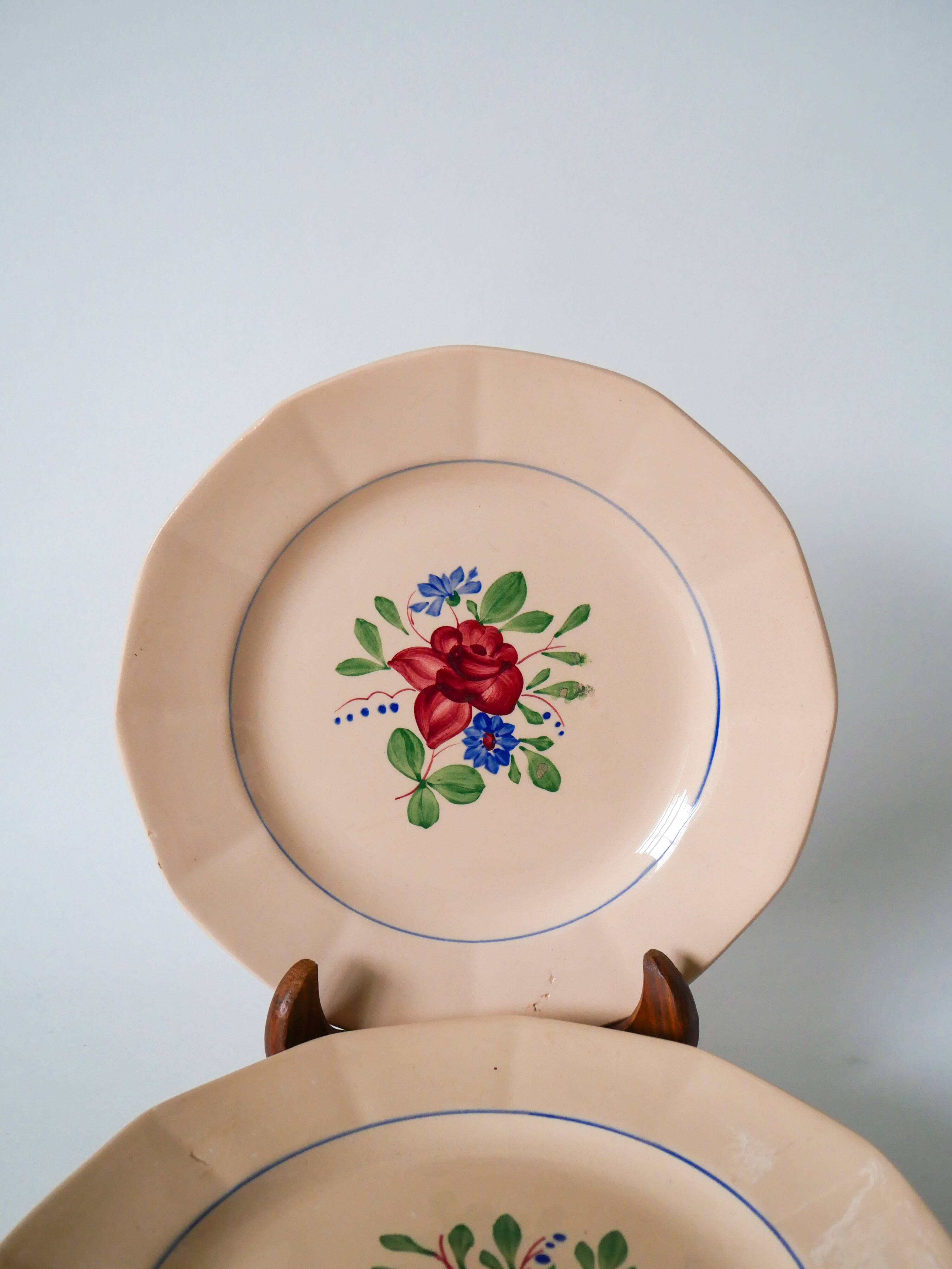 Set of 6 digoin sarreguemines dessert plates with pink flowers