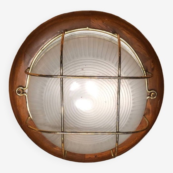 Old marine style ceiling light molded glass wood contour gold metal reinforcement #a624