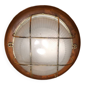 Old marine style ceiling light molded glass wood contour gold metal reinforcement #a624