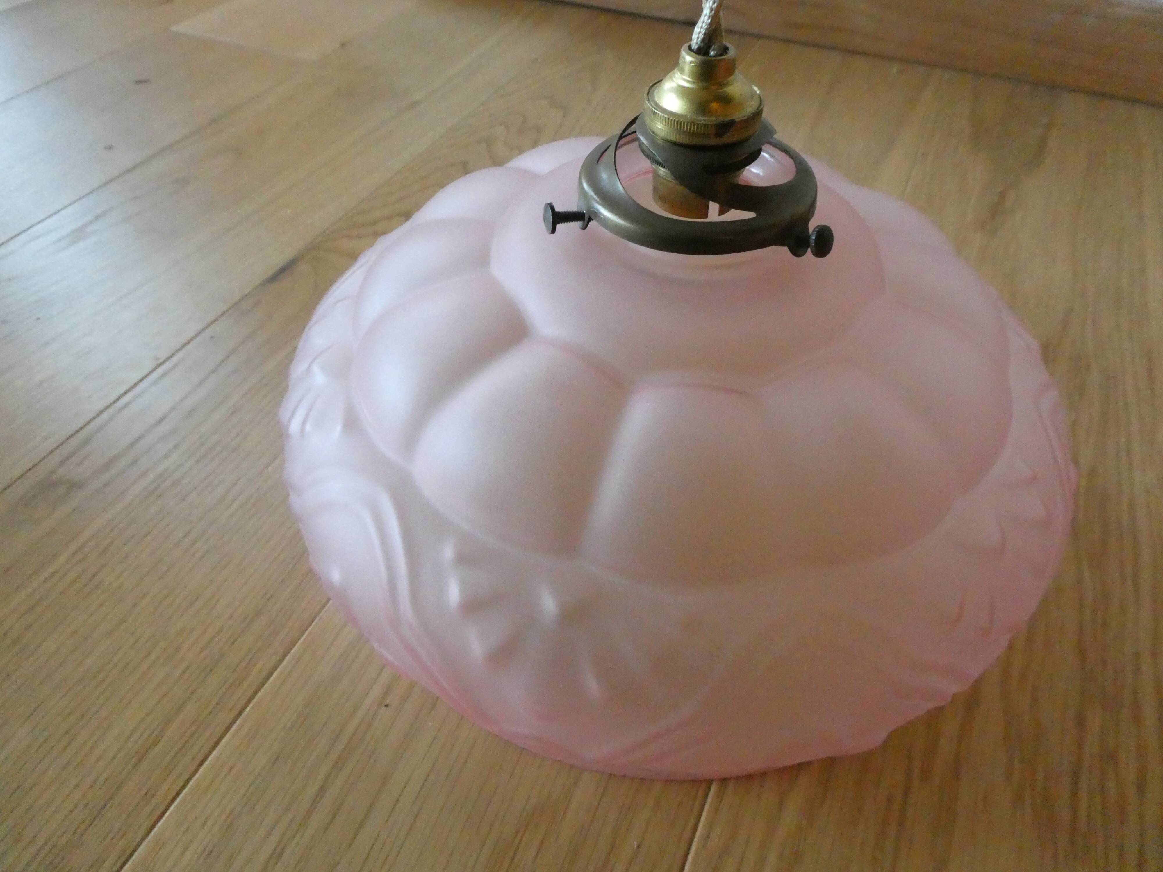 Art Deco pendant lamp in pink frosted glass