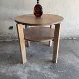 Art Deco round oak side table in light weathered oak with lower shelf, geometric three-leg design
