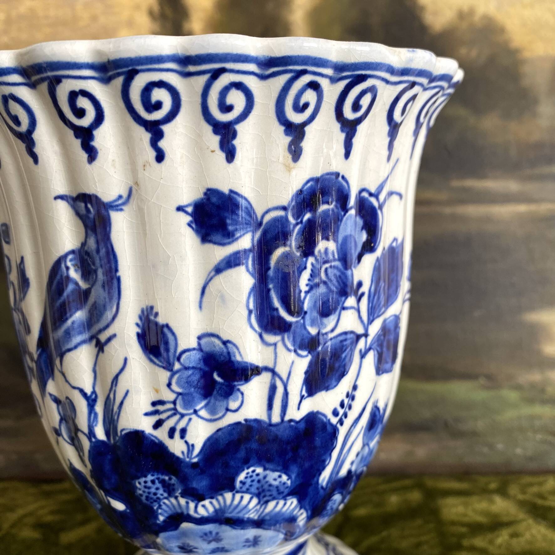 Delft planter vase with cobalt blue decoration.