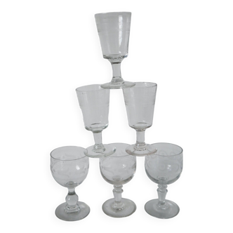 Set of 6 mismatched 19th century wine glasses