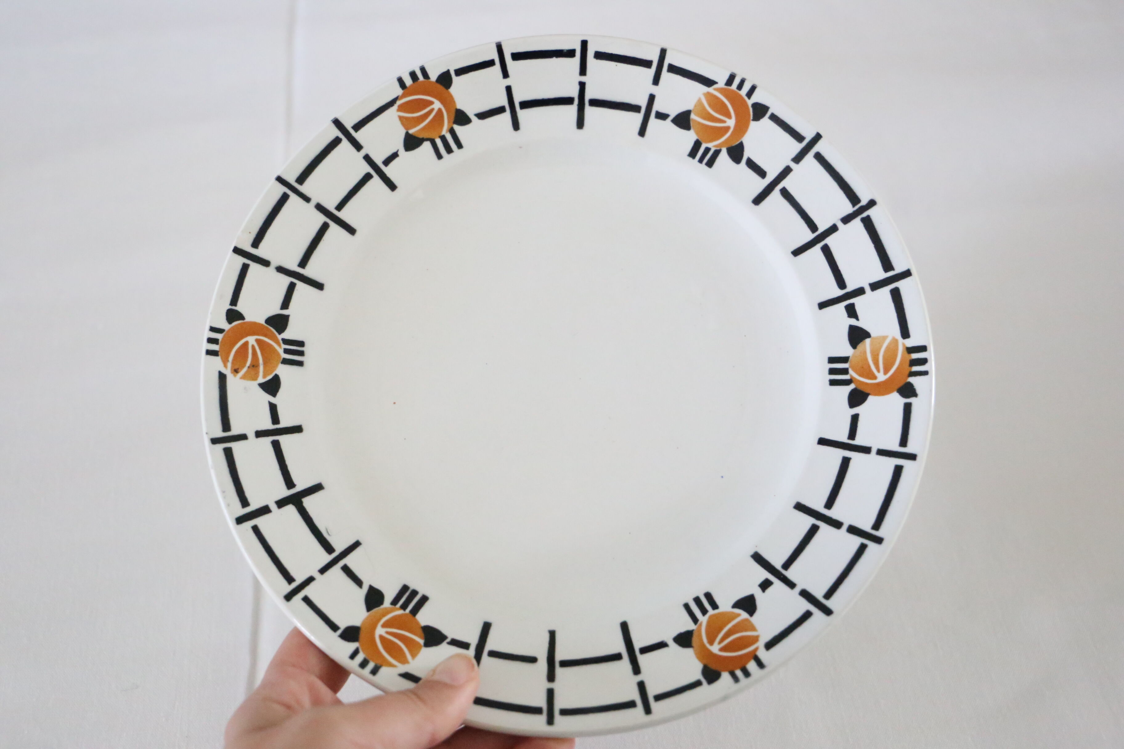 Ensemble de 4 assiette L'Amandinoise, motif géométrique, vintage français, rustique, campagne