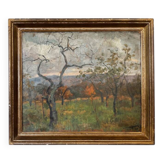 Tableau « Paysage arboré » , Huile sur panneau