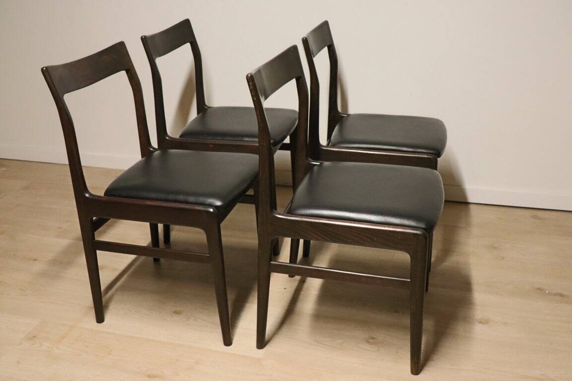 Set of 4 vintage chairs in teak and imitation leather, 1960s