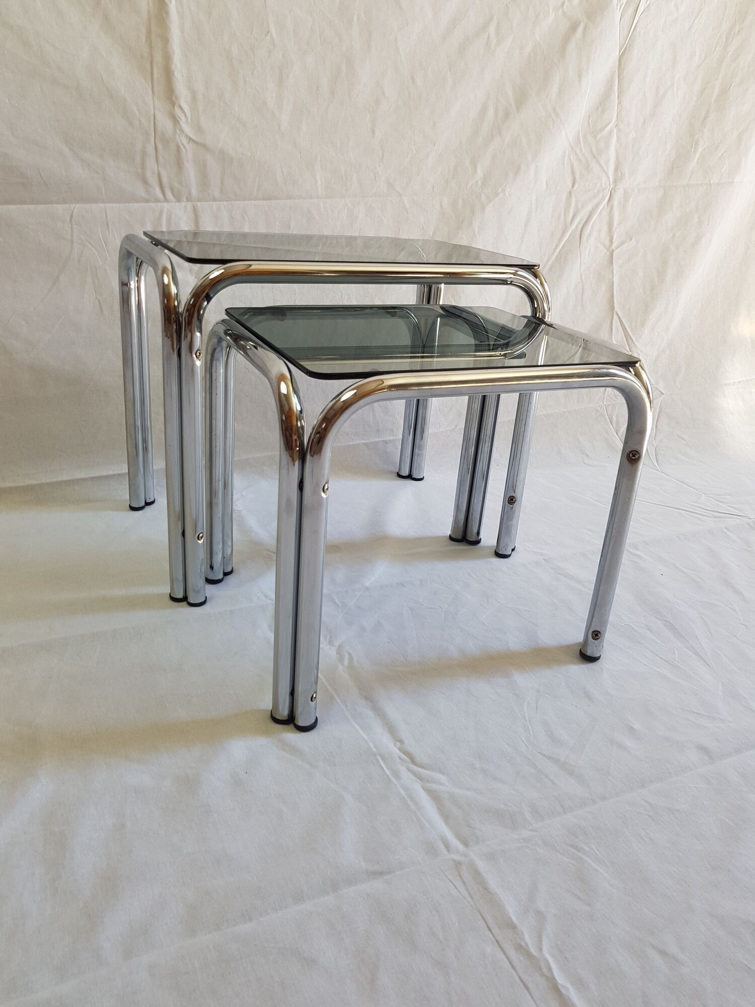 Tables chrome steel and glass smoked 70s