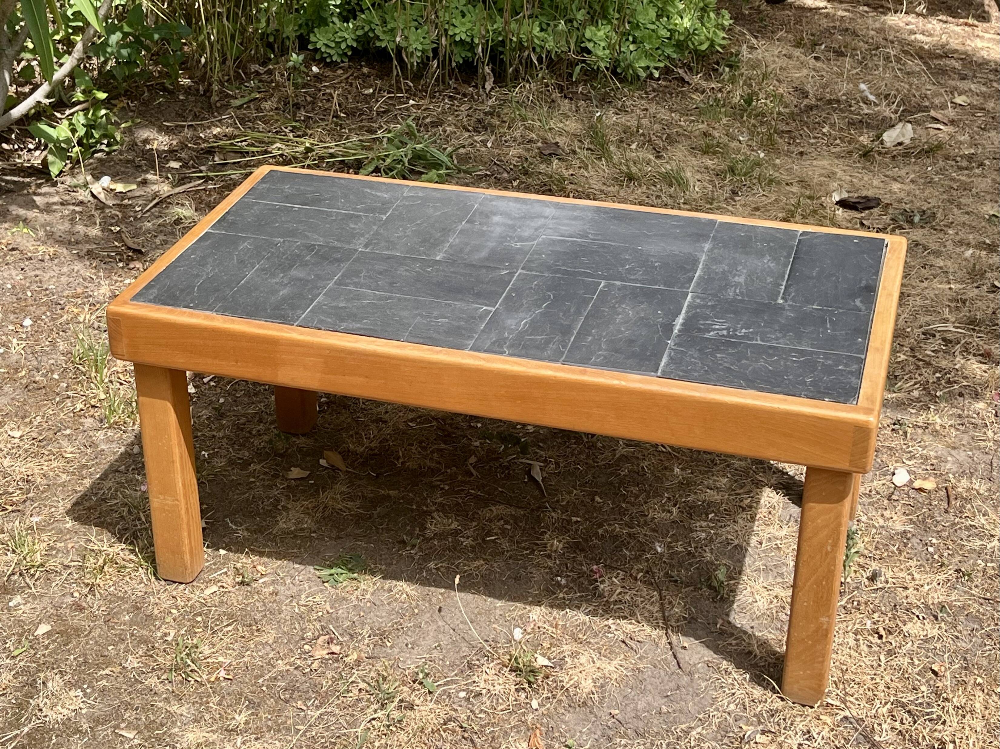 Vintage coffee table in solid wood and slate – 1970s – Modernist style