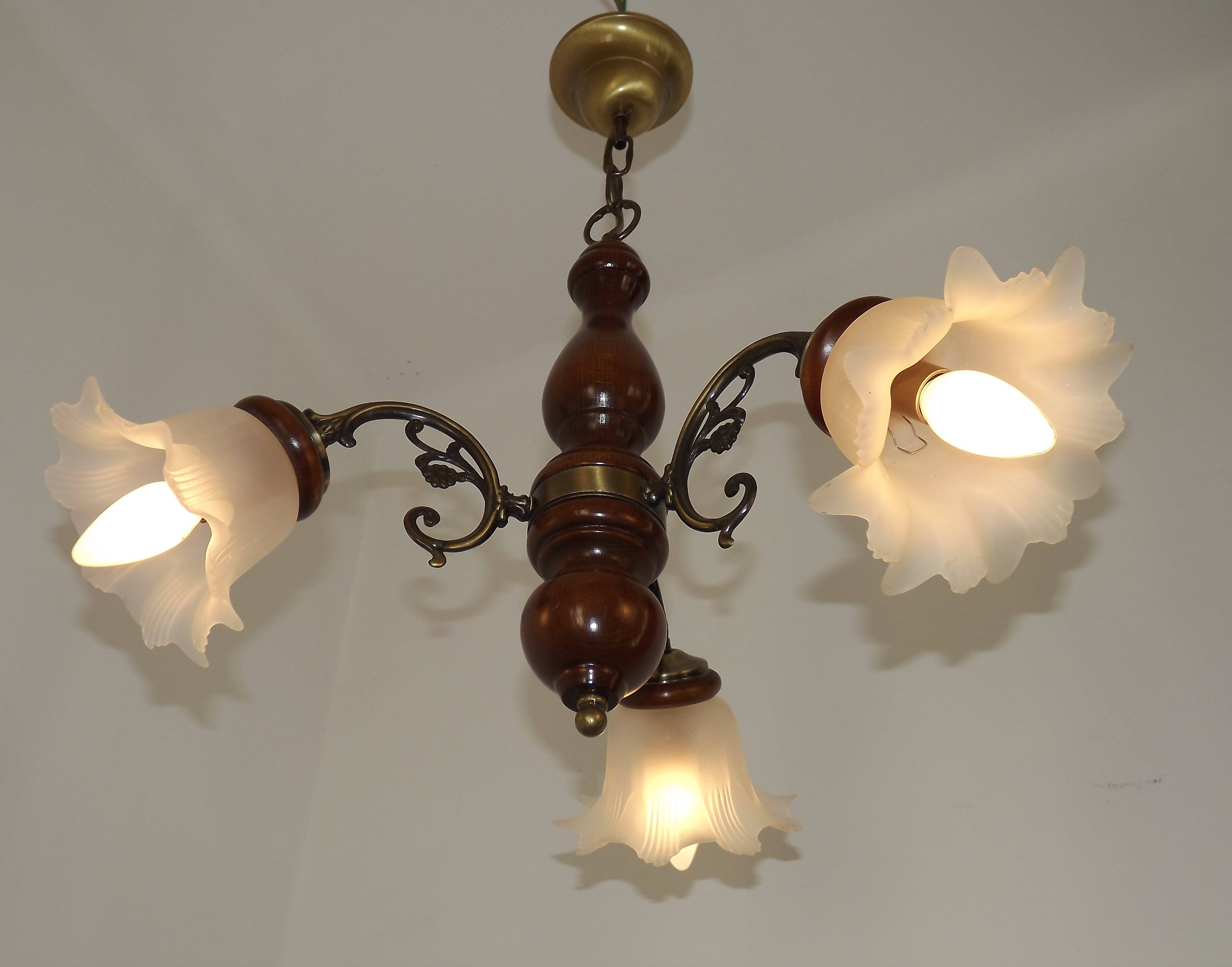 French Mid-Century 3-Light Wood and Bronzed Metal Chandelier with Glass Shades