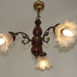 French Mid-Century 3-Light Wood and Bronzed Metal Chandelier with Glass Shades