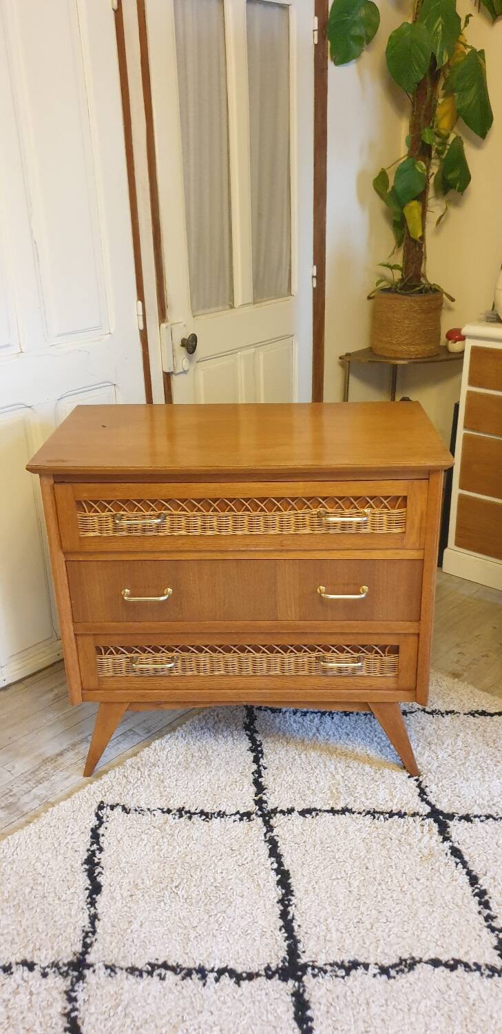 Wood and rattan chest of drawers