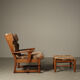 Brutalist oak lounge chair and ottoman in original goat hide, 1960s