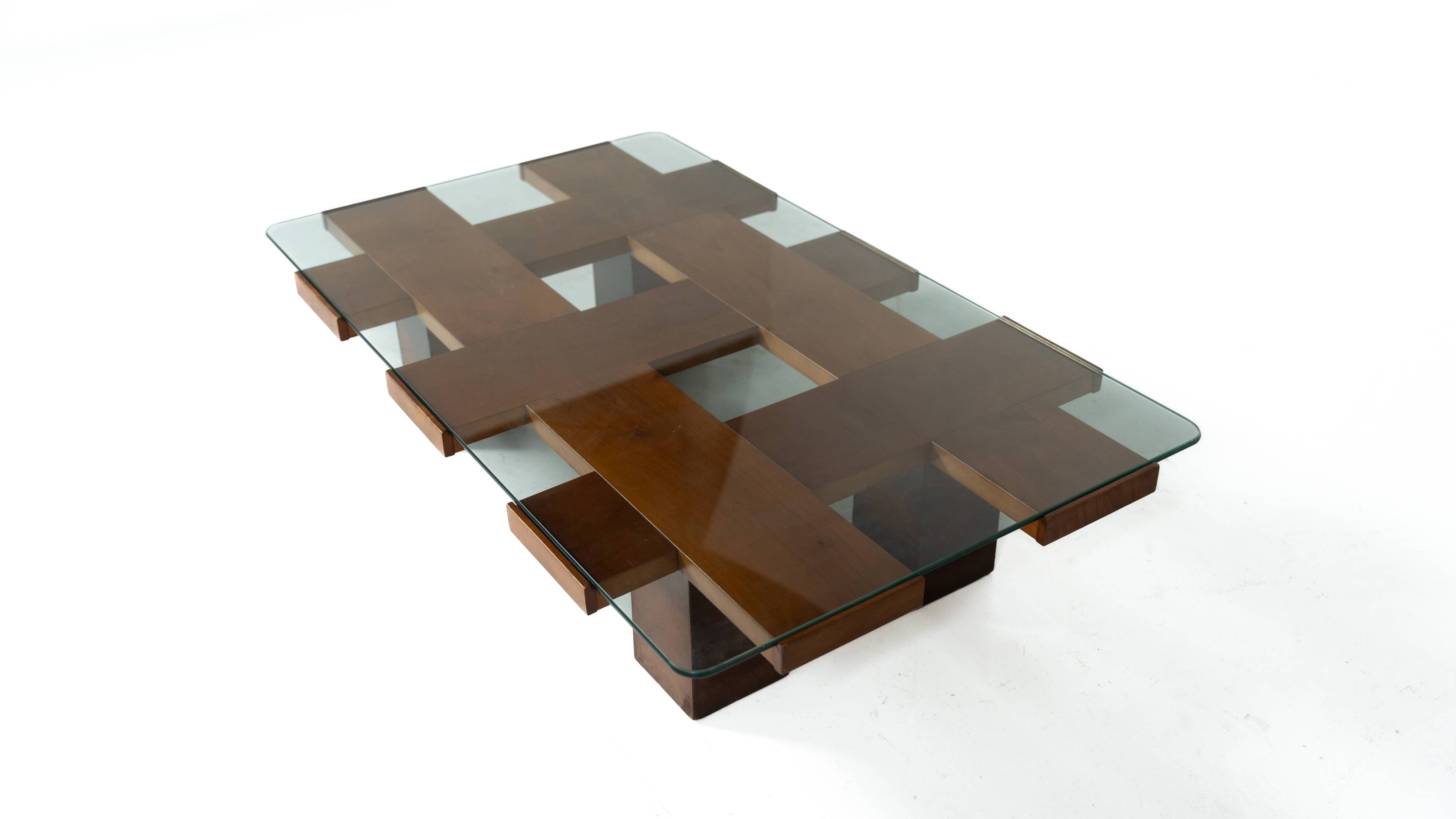 Mid-Century Rectangular Coffee Table, Walnut and Glass, Italy, 1960s