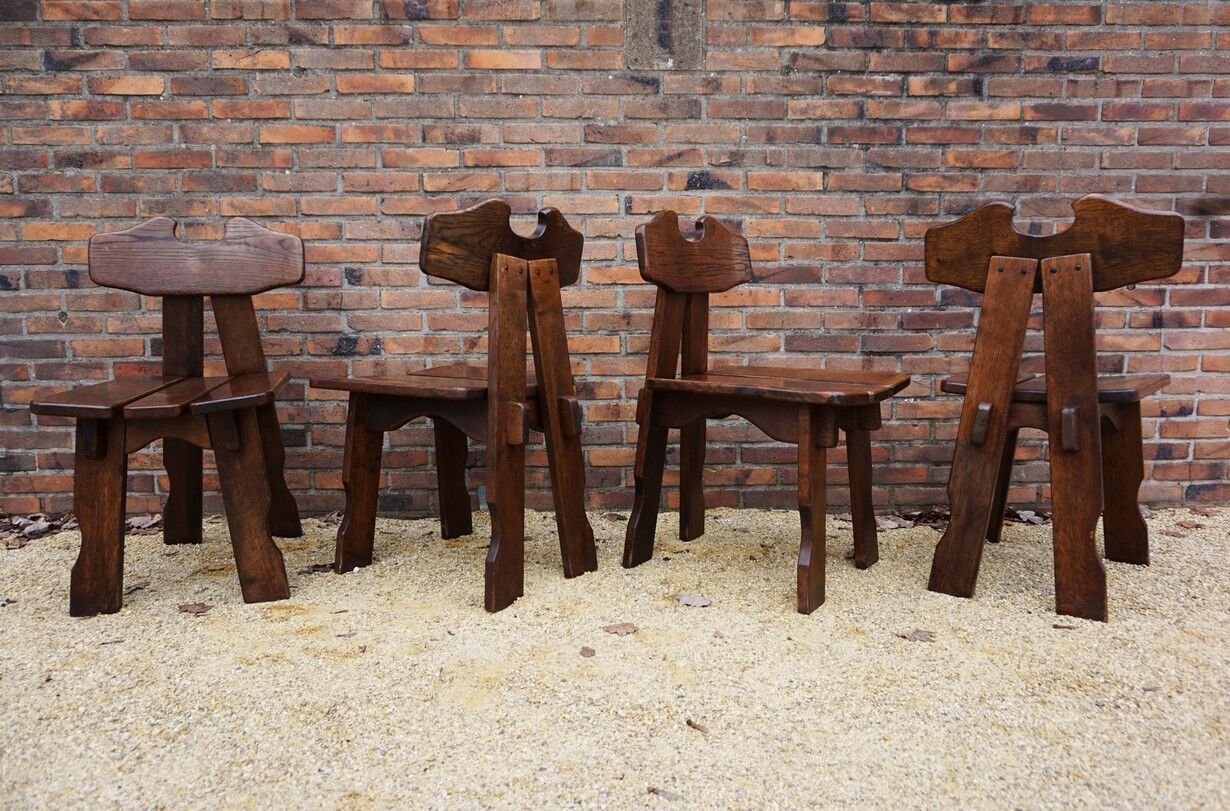 Dutch brutalist solid oak dining chairs, 1970s, set of 4