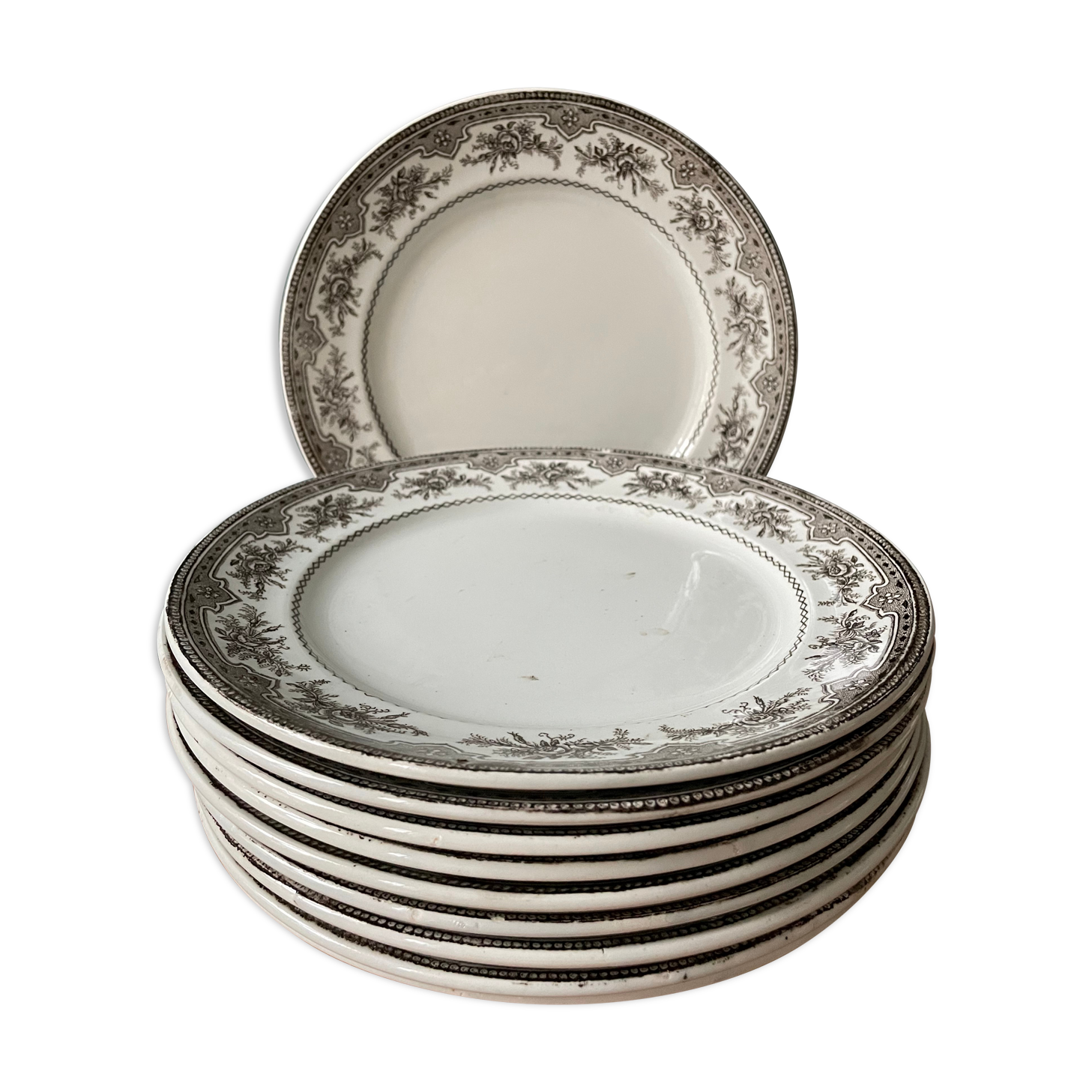 Set of 10 flat plates Terre de Fer Faïence d'Onnaing, model Roses-Mousses