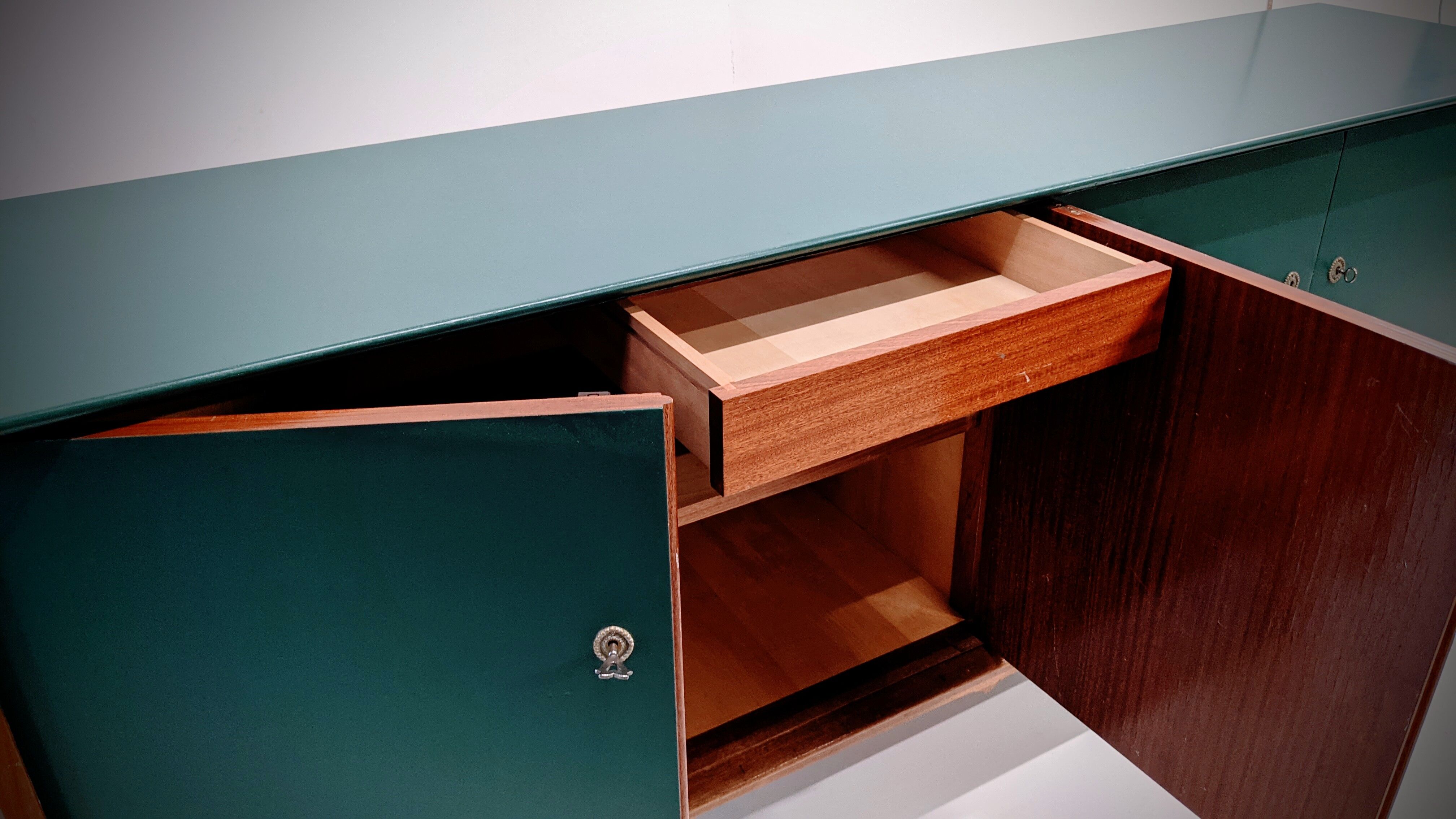 Vintage wooden low sideboard, compass feet