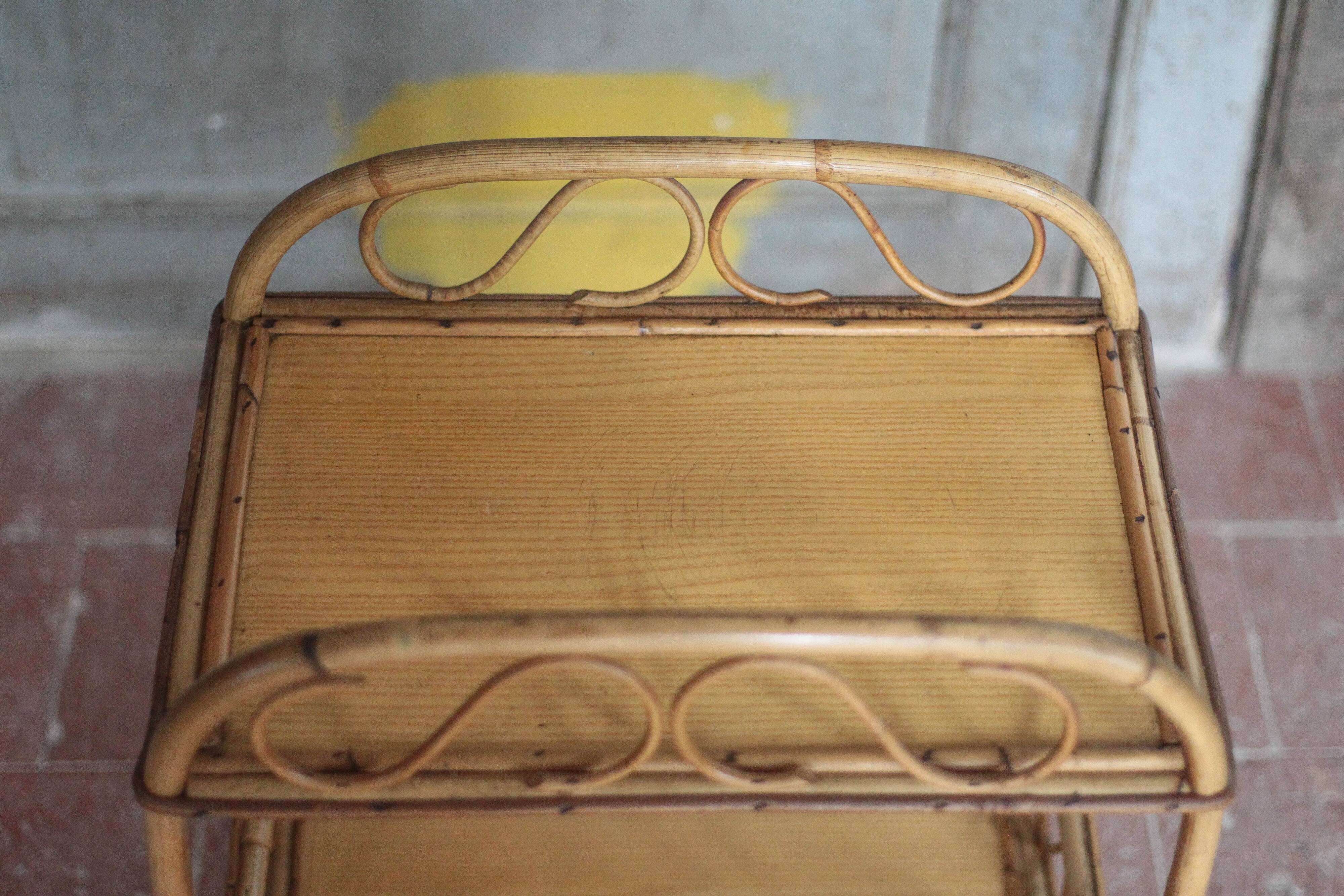 Vintage rattan serving table, two-tier side table.
