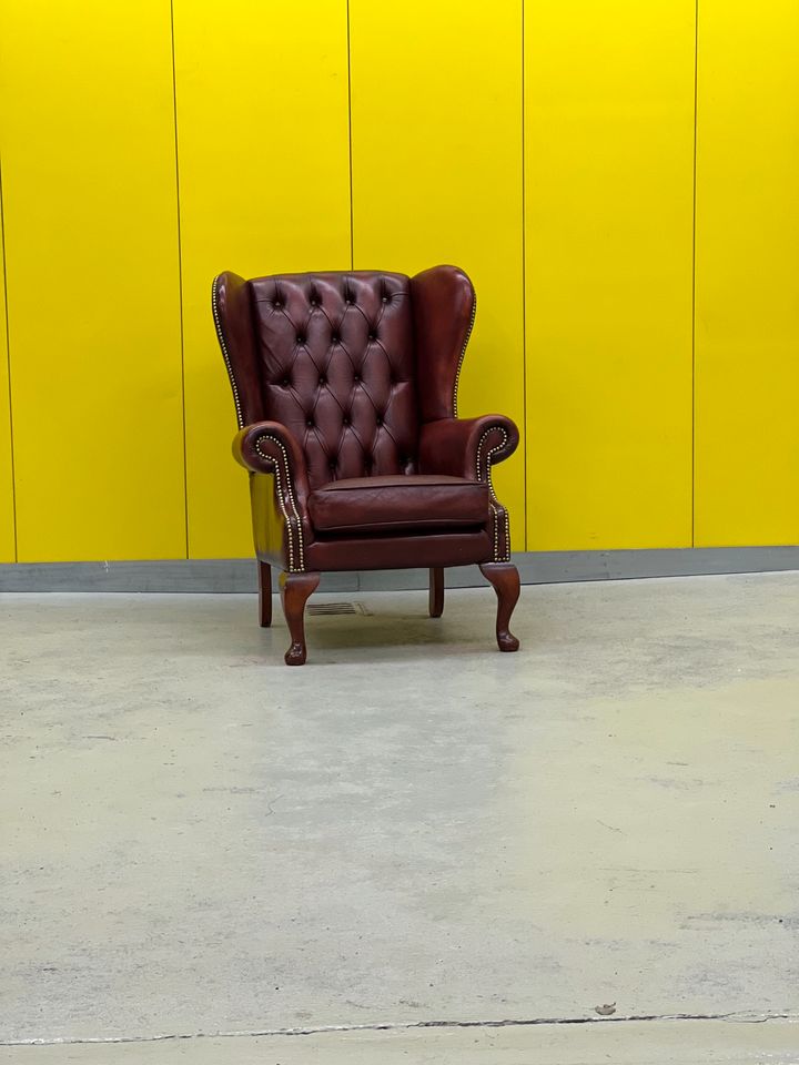 Burgundy leather vintage chesterfield wing chair